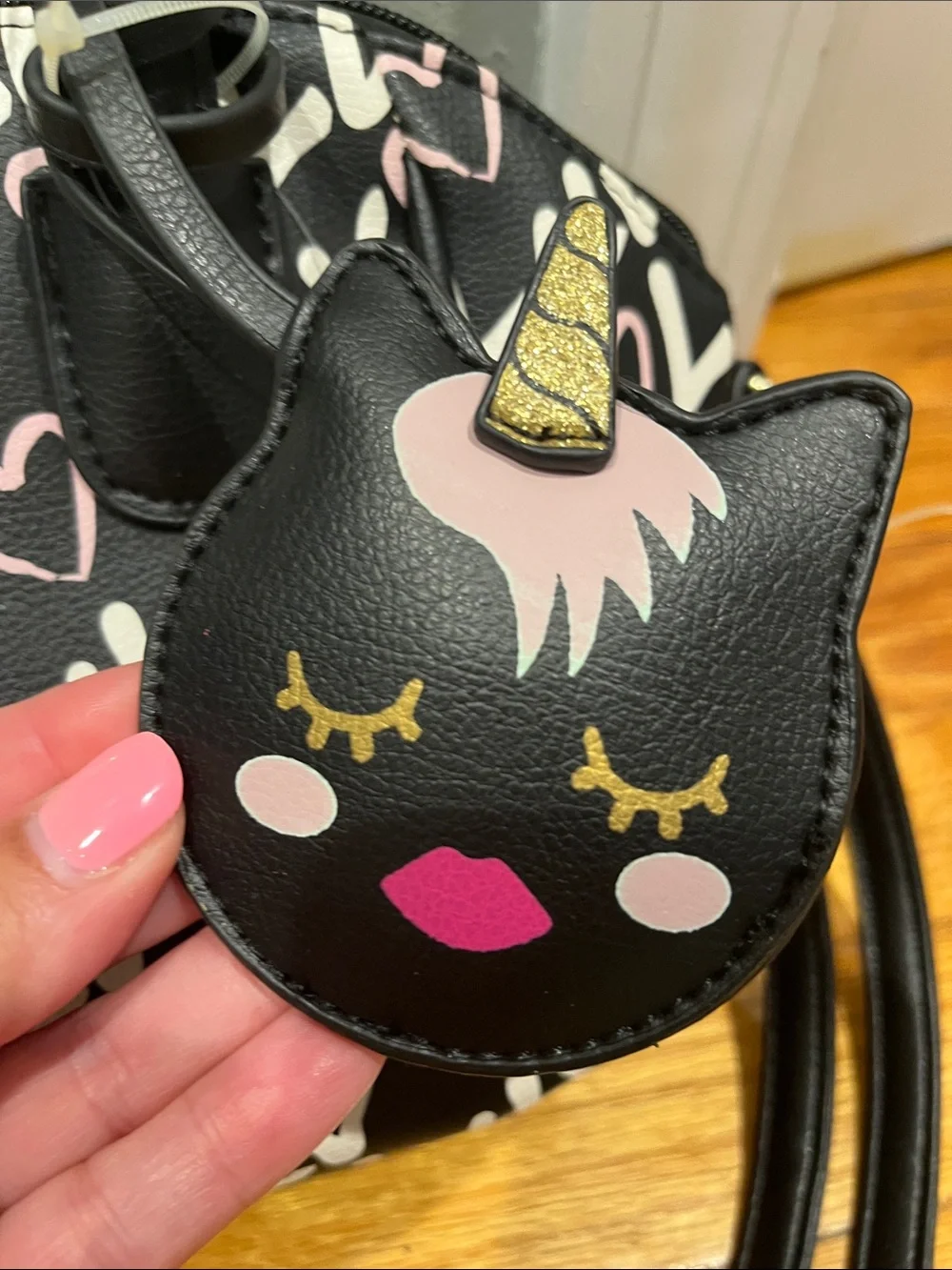 Betsey Johnson Black Heart 'Luv' Print Unicorn Applique Satchel